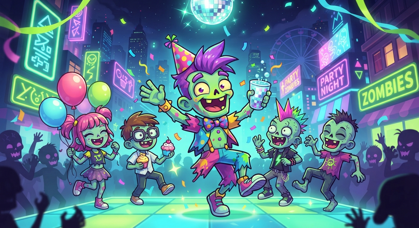 Zombies Party key visual with colorful cartoon zombies at a neon night party